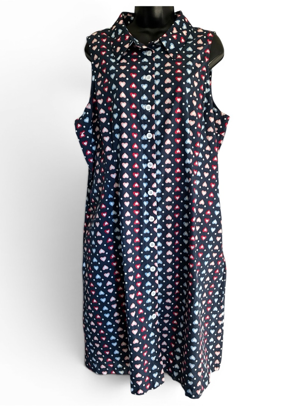 ModCloth Sleeveless Twee Navy Dress with Pink & White Heart Print Size 1X